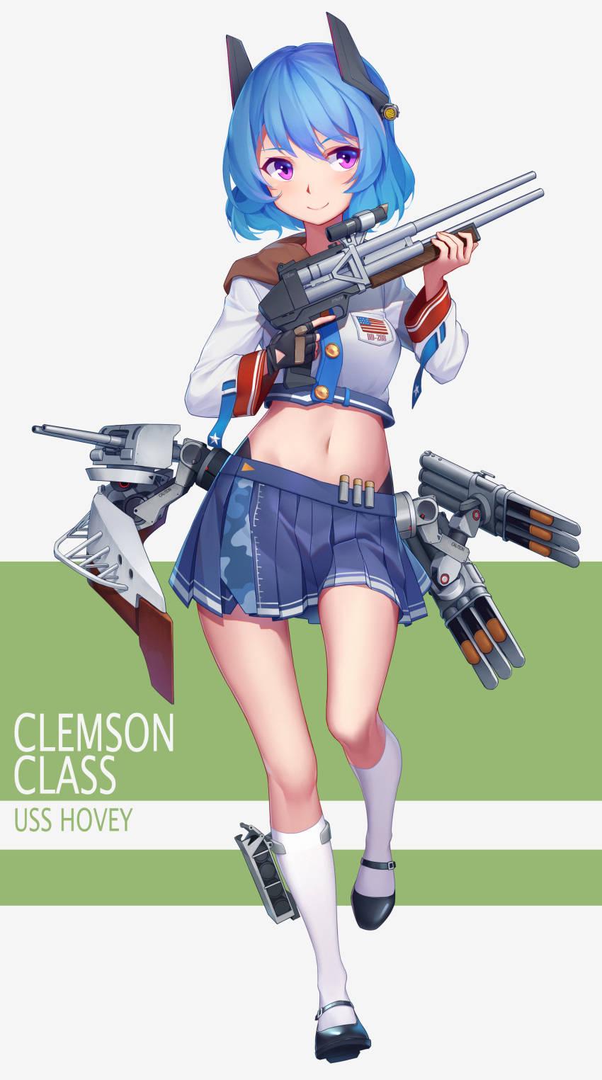 1girl absurdres american_flag arnold-s black_gloves blue_hair blue_skirt blush breast_pocket breasts closed_mouth eyebrows_visible_through_hair fingerless_gloves gloves gun highres holding holding_gun holding_weapon kneehighs looking_at_viewer medium_breasts navel original pocket scope skirt smile solo violet_eyes weapon world_of_warships