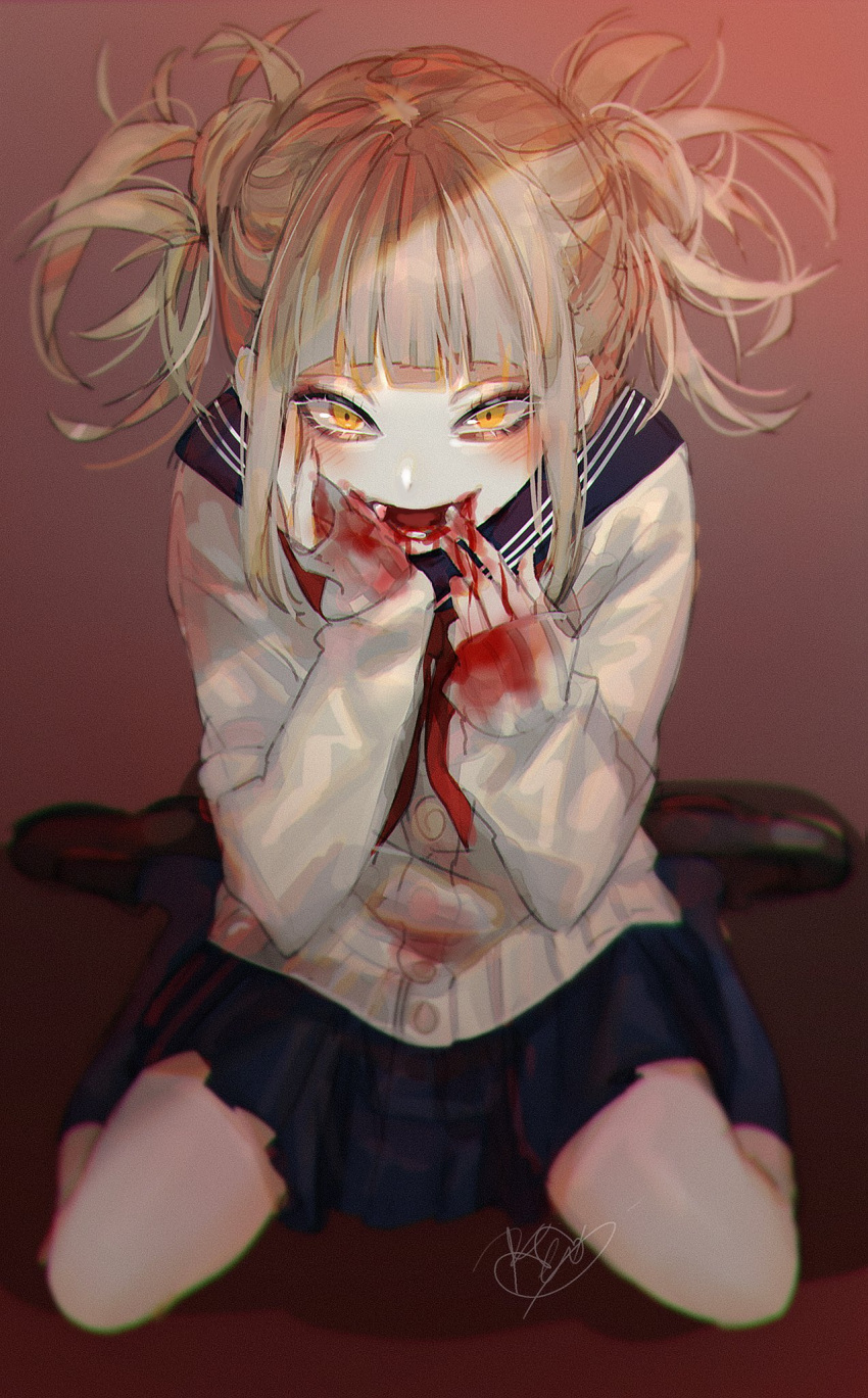 1girl bags_under_eyes bangs beni_(bn12x20) blonde_hair blood blood_from_mouth bloody_clothes blue_skirt blush boku_no_hero_academia cardigan commentary_request double_bun fang finger_to_mouth gradient gradient_background hand_on_own_cheek highres kneehighs loafers looking_at_viewer makeup mascara medium_hair messy_hair school_uniform serafuku shadow shoes signature sitting skirt sleeves_past_wrists smile solo toga_himiko wariza yellow_eyes