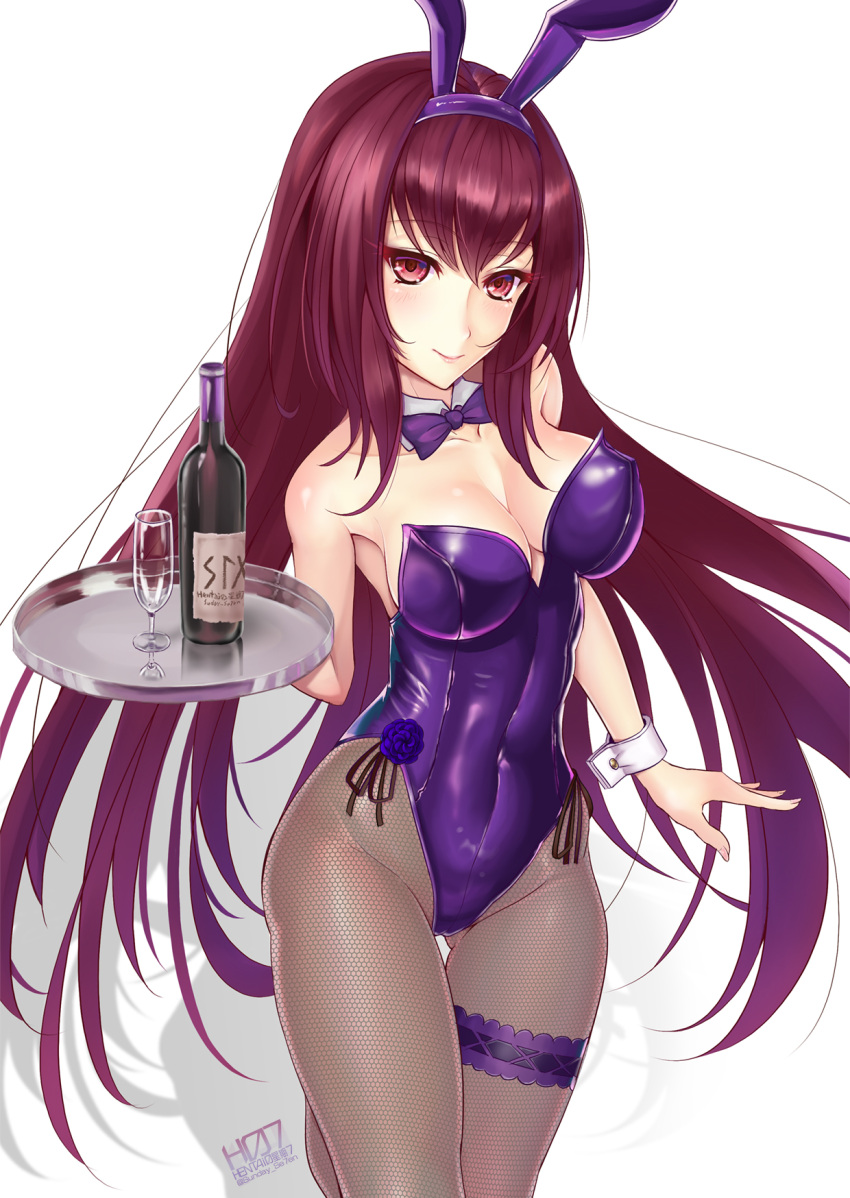 1girl alcohol animal_ears bottle bow bowtie bunnysuit cowboy_shot cup detached_collar drinking_glass fate/grand_order fate_(series) fishnet_pantyhose fishnets garter_belt highres leotard long_hair looking_at_viewer pantyhose purple_hair purple_leotard purple_neckwear rabbit_ears red_eyes scathach_(fate/grand_order) simple_background smile solo standing strapless strapless_leotard sunday_se7en tray white_background wine wine_bottle wine_glass wrist_cuffs