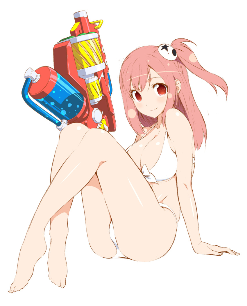 1girl arm_support bangs bare_shoulders barefoot bikini blush breasts cleavage commentary_request dead_or_alive dead_or_alive_5 full_body hair_between_eyes hair_ornament highres honoka_(doa) k-kun large_breasts long_hair looking_at_viewer one_side_up pink_hair red_eyes side_ponytail simple_background sitting smile solo swimsuit water_gun white_background white_bikini