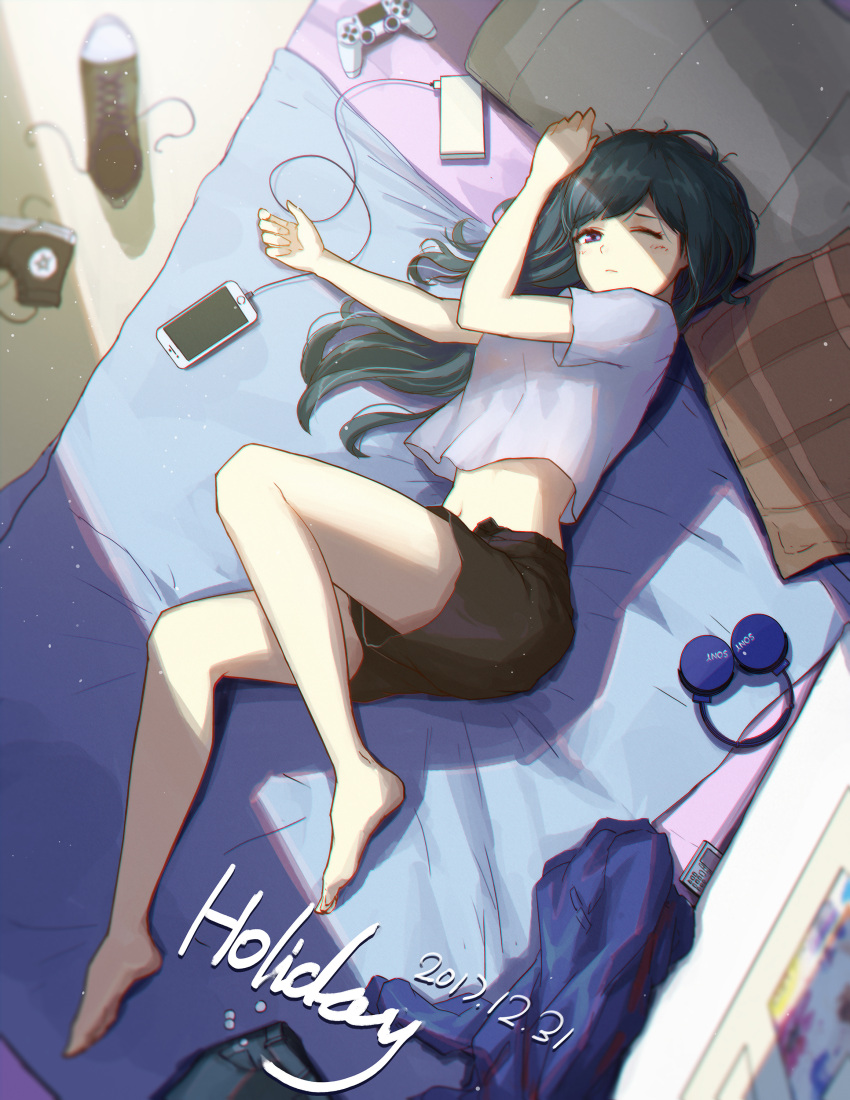 1girl absurdres artist_request bare_legs bed bed_sheet black_hair cellphone controller converse game_controller headphones highres long_hair lying on_side one_eye_closed original phone shoes shorts smartphone sneakers solo tank_top
