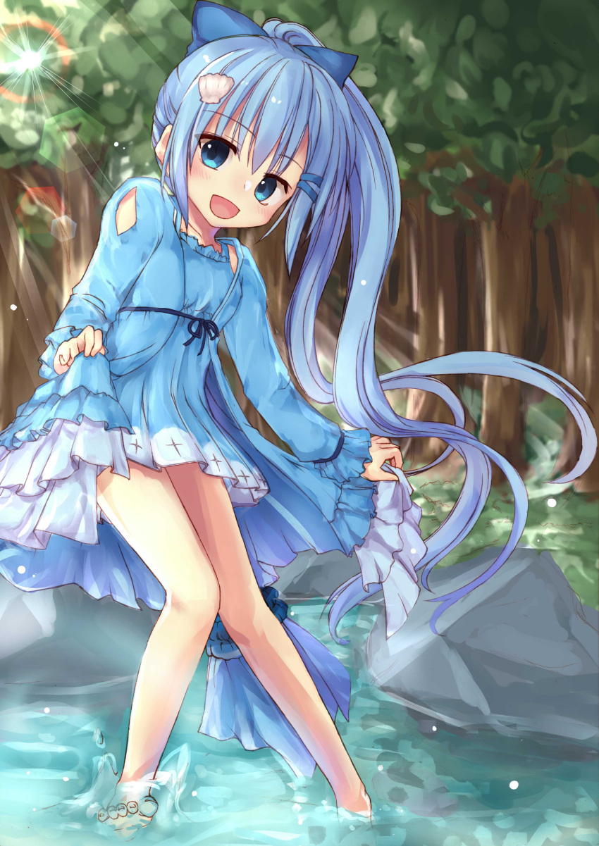 1girl :d absurdres barefoot blue_bow blue_dress blue_eyes blue_hair blurry blurry_background blush bow breasts day dress flower_knight_girl forest hair_bow hair_ornament highres lens_flare long_hair looking_at_viewer nature nerine_(flower_knight_girl) open_mouth outdoors ponytail rock skirt skirt_lift small_breasts smile solo standing very_long_hair water
