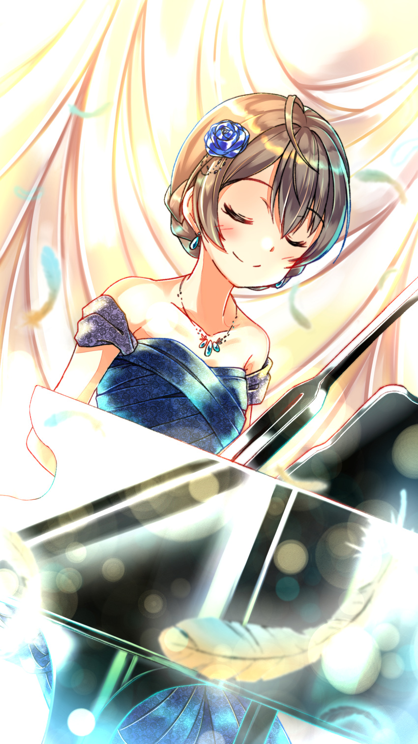 1girl absurdres ahoge bangs blush closed_eyes closed_mouth commentary_request dress feathers flower hair_flower hair_ornament highres idolmaster idolmaster_million_live! idolmaster_million_live!_theater_days instrument jewelry lens_flare light_brown_hair necklace piano sakuramori_kaori shiitake_taishi short_hair smile solo tied_hair