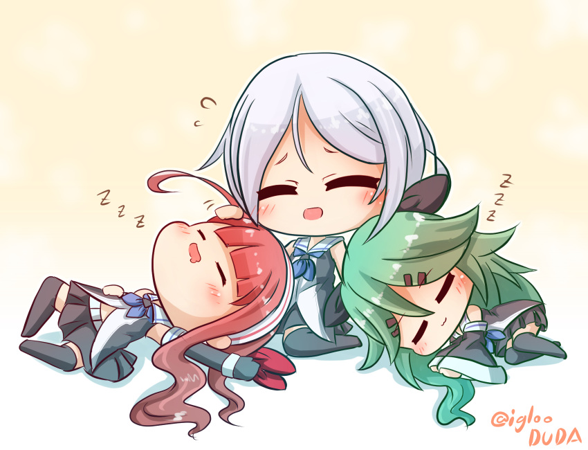 3girls :d ^_^ ahoge asimo953 black_legwear chibi closed_eyes commentary_request detached_sleeves drooling gradient gradient_background green_hair hair_ornament hair_ribbon hairband hairclip highres kantai_collection kawakaze_(kantai_collection) long_hair lying multiple_girls open_mouth petting pleated_skirt redhead ribbon school_uniform serafuku silver_hair simple_background skirt sleeping smile thigh-highs umikaze_(kantai_collection) yamakaze_(kantai_collection) zettai_ryouiki zzz