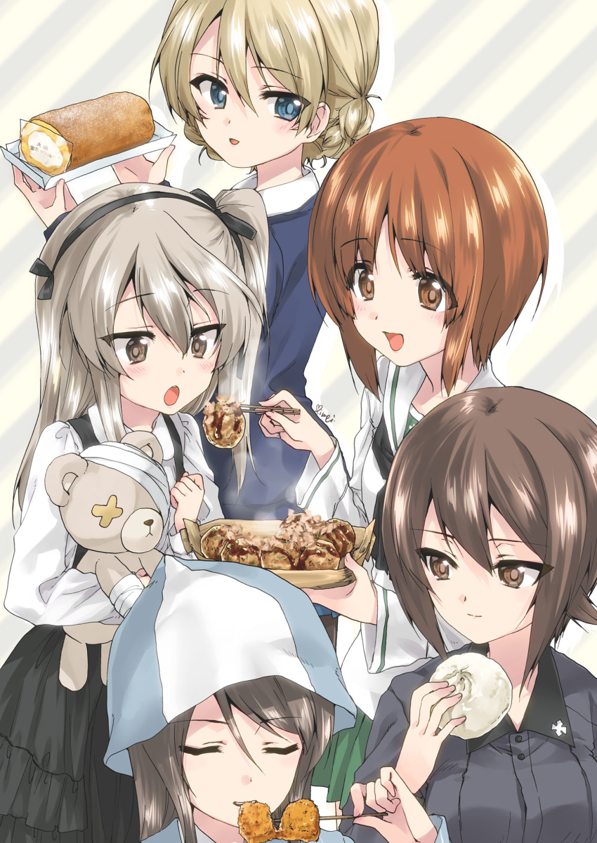 5girls artist_name bangs baozi black_neckwear black_skirt blonde_hair blouse blue_eyes blue_hat blue_shirt blue_sweater boko_(girls_und_panzer) bow bowtie braid brown_eyes brown_hair cake chopsticks closed_eyes closed_mouth collared_shirt commentary_request darjeeling diagonal-striped_background diagonal_stripes dress_shirt eating eyebrows_visible_through_hair feeding food food_request girls_und_panzer green_skirt grey_background grey_shirt hat high-waist_skirt highres holding holding_stuffed_animal kuroi_mimei layered_skirt light_brown_eyes light_brown_hair long_hair long_sleeves looking_at_another looking_back medium_skirt mika_(girls_und_panzer) miniskirt multiple_girls neckerchief nib_pen_(medium) nishizumi_maho nishizumi_miho ooarai_school_uniform open_mouth parted_lips pleated_skirt school_uniform serafuku shimada_arisu shirt short_hair siblings signature sisters skirt smile st._gloriana's_school_uniform standing striped striped_background striped_shirt stuffed_animal stuffed_toy suspender_skirt suspenders sweater swiss_roll teddy_bear tied_hair traditional_media twin_braids v-neck vertical-striped_shirt vertical_stripes white_blouse white_shirt