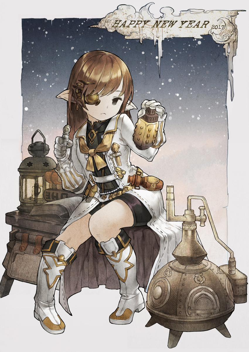1girl 2017 baiguiyu bike_shorts black_eyes boots brown_hair closed_mouth coat commentary_request english eyebrows_visible_through_hair final_fantasy final_fantasy_xiv hands_up happy_new_year highres holding lalafell looking_at_viewer monocle new_year pointy_ears sitting snow snowing solo steampunk vial white_footwear