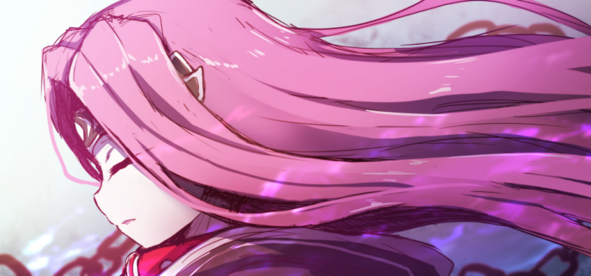 1girl absurdres bangs blurry blurry_background chains closed_eyes commentary_request depth_of_field fate/grand_order fate_(series) floating_hair from_side highres hood hood_down long_hair medusa_(lancer)_(fate) parted_lips profile purple_hair rider sketch solo very_long_hair wada_kazu