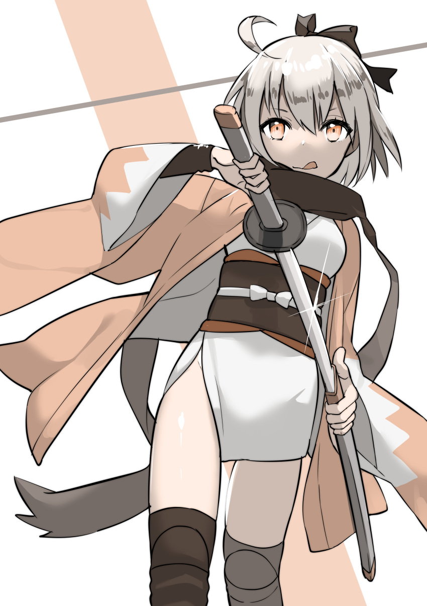 1girl absurdres bangs black_bow black_legwear bow breasts closed_mouth eyebrows_visible_through_hair fate/grand_order fate_(series) glint hair_between_eyes hair_bow haori highres holding holding_sword holding_weapon japanese_clothes katana kimono koha-ace limited_palette long_sleeves medium_breasts obi okita_souji_(fate) omucchan_(omutyuan) sash scarf sheath short_kimono solo sword thigh-highs tongue tongue_out unsheathing weapon wide_sleeves