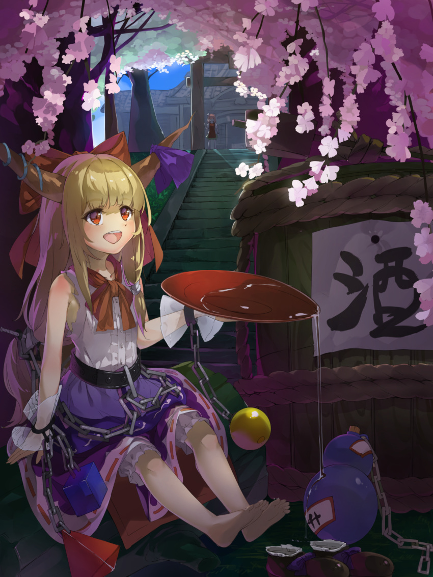 1girl alcohol bangs barefoot blonde_hair bloomers blunt_bangs bow chains cherry_blossoms cup eyebrows_visible_through_hair flower gourd hair_bow highres horn_ribbon horns ibuki_suika long_hair looking_ahead open_mouth piyodesu purple red_bow red_eyes red_neckwear ribbon sakazuki sake shoes_removed sitting sleeveless smile solo spilling stairs touhou translation_request tree underwear upper_teeth weights