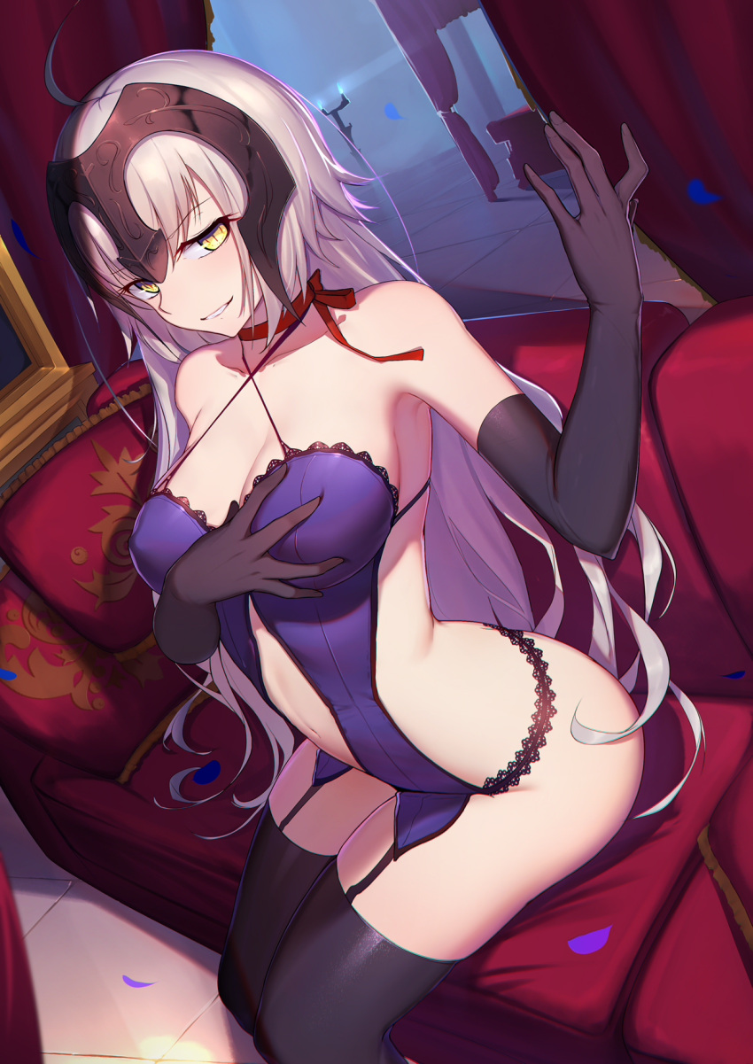1girl ahoge arched_back armpits backless_outfit bangs bare_shoulders bed black_gloves black_legwear blonde_hair blush breasts canopy_bed choker cleavage collarbone couch covered_nipples curtains dutch_angle eyebrows_visible_through_hair fate/grand_order fate_(series) garter_straps gloves highres indoors jeanne_d'arc_(alter)_(fate) jeanne_d'arc_(fate)_(all) lace_trim langya_beike large_breasts long_hair looking_at_viewer navel petals red_choker red_ribbon revealing_clothes ribbon ribbon_choker silver_hair sitting slit_pupils smile solo thigh-highs tile_floor tiles yellow_eyes