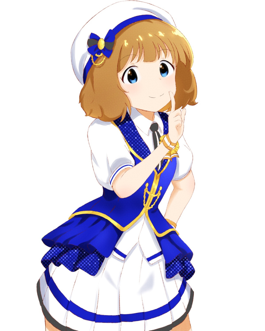 1girl blue_dress blue_eyes brown_hair dress hand_on_hip hand_up hat highres idolmaster idolmaster_million_live! idolmaster_million_live!_theater_days index_finger_raised looking_at_viewer medium_hair sequins short_sleeves smile solo standing suou_momoko washamada_(wada) white_hat wristband