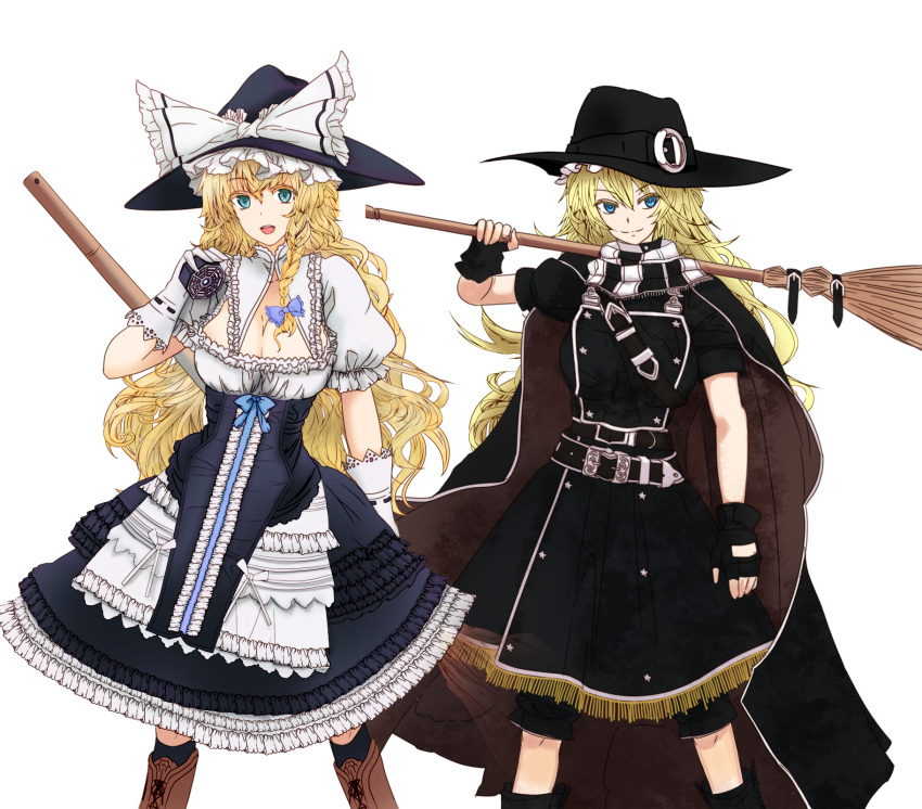 2girls :d apron bangs belt belt_buckle bent_elbow black_cape black_footwear black_gloves black_legwear black_shirt black_shorts black_skirt blonde_hair blouse blue_eyes blue_hat boonie_hat boots bow breasts broom brown_footwear buckle cape cleavage cleavage_cutout closed_mouth collar collared_blouse commentary_request cross-laced_footwear eyebrows_visible_through_hair feet_out_of_frame fingerless_gloves frilled_apron frilled_bow frilled_collar frilled_skirt frilled_sleeves frills gloves hand_up hat hat_belt hat_bow high-waist_skirt highres holding holding_broom holding_weapon kirisame_marisa knee_boots kneehighs koumajou_densetsu lace lace-trimmed_gloves lace-up_boots large_breasts layered_skirt long_hair looking_at_viewer messy_hair mini-hakkero multicolored multicolored_clothes multicolored_scarf multiple_girls multiple_persona open_mouth puffy_short_sleeves puffy_sleeves scarf shirt short_sleeves shorts simple_background skirt smile standing star tk31 touhou tsurime upper_teeth waist_apron weapon white_background white_blouse white_bow white_gloves witch_hat