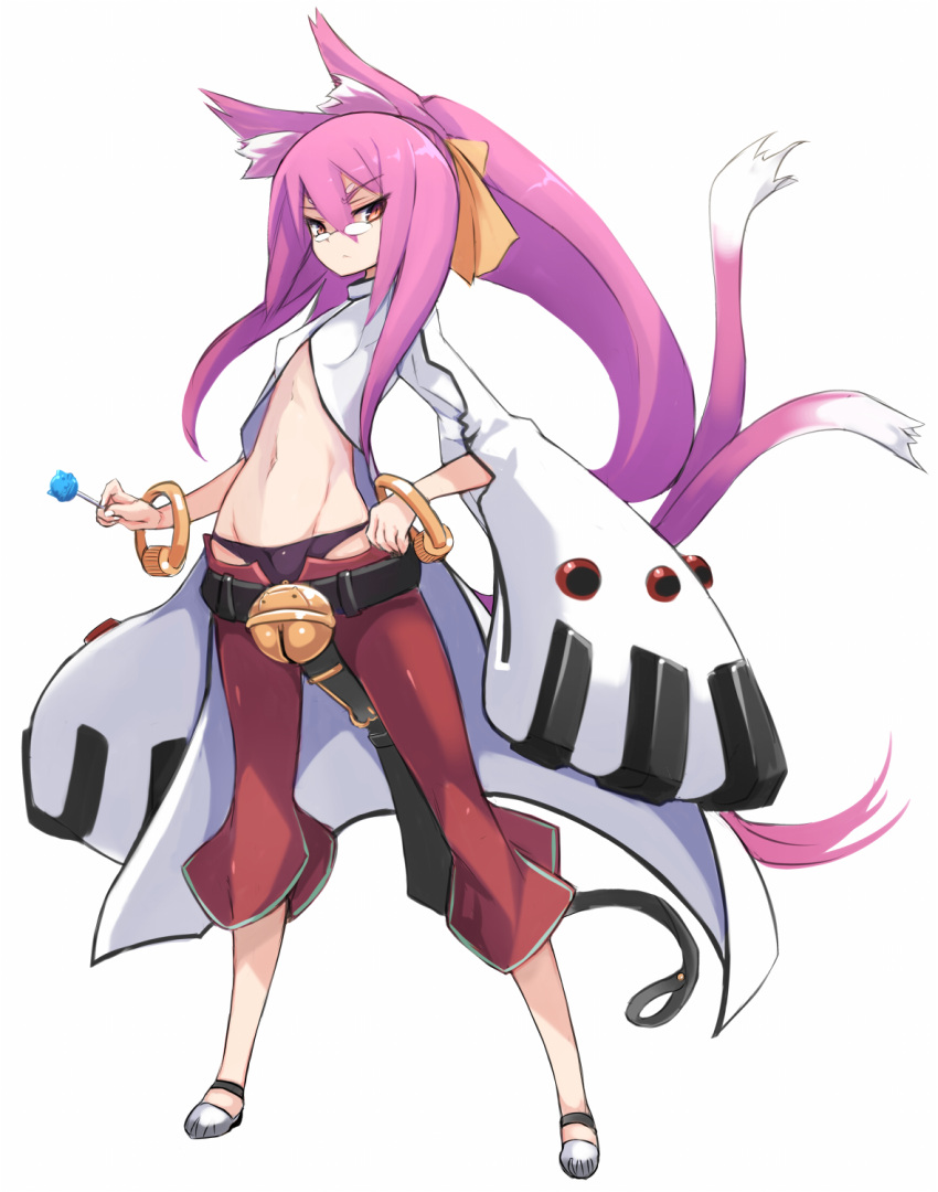 1girl animal_ears bangs bell black_belt black_panties blazblue breasts candy cat_ears cat_girl cat_tail commentary_request eyebrows_visible_through_hair fingernails food full_body glasses grey_footwear groin hair_between_eyes hair_ribbon hand_on_hip highres holding holding_lollipop jingle_bell karukan_(monjya) kokonoe lollipop long_hair multiple_tails navel opaque_glasses orange_ribbon panties pants pince-nez pink_hair ponytail red_eyes red_pants ribbon sidelocks simple_background small_breasts solo standing tail two_tails underwear very_long_hair white_background white_coat