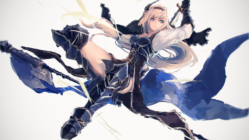 1girl banner blonde_hair blue_eyes boots copyright_request flag gauntlets grey_background hairband hand_up highres holding holding_sword holding_weapon long_hair long_sleeves looking_afar looking_to_the_side low-tied_long_hair metal_boots parted_lips rean_(r_ean) shirt solo sword very_long_hair weapon white_shirt
