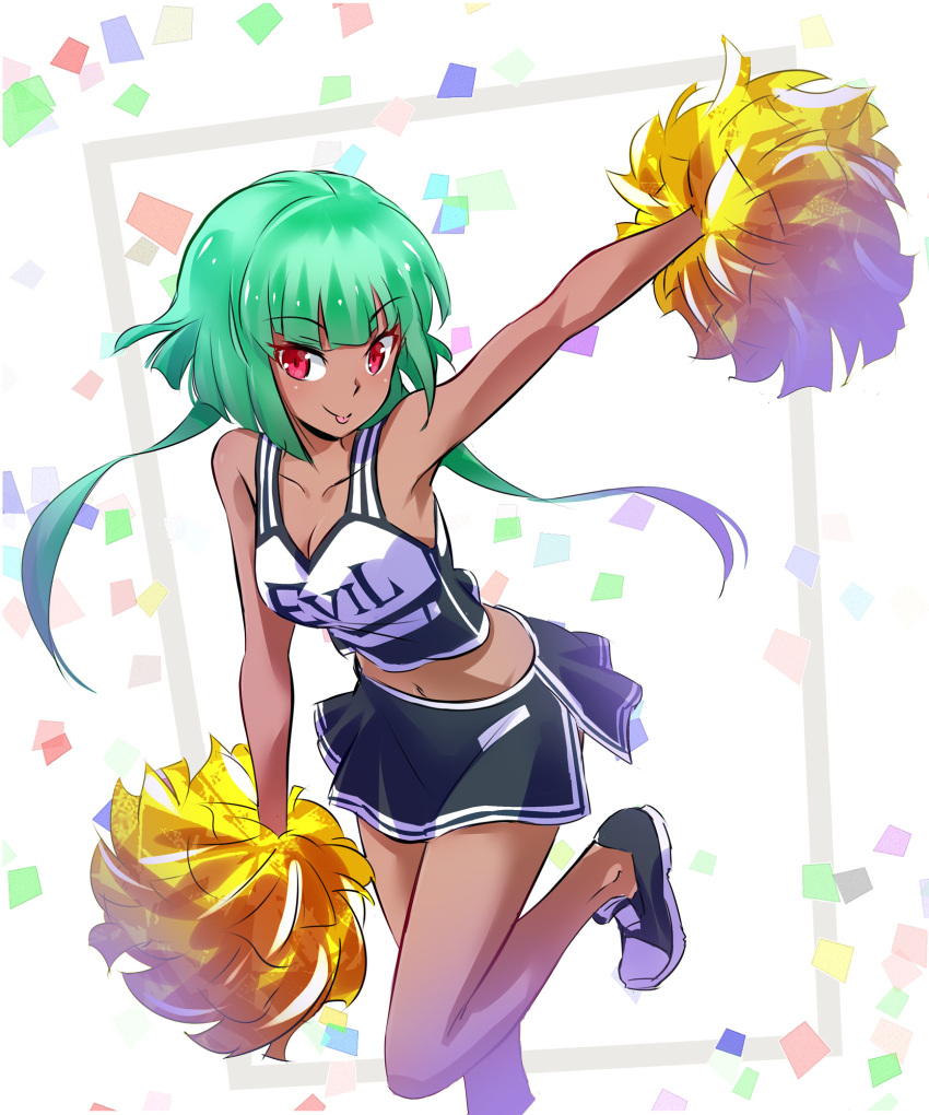 1girl :p arm_up armpits bangs bare_legs black_footwear black_skirt blunt_bangs bob_cut breasts cheerleader cleavage closed_mouth clothes_writing collarbone commentary_request confetti emerald_sustrai eyebrows_visible_through_hair green_hair highres holding iesupa leg_up looking_at_viewer medium_breasts miniskirt navel outstretched_arm pom_poms red_eyes rwby shoes short_hair_with_long_locks side_slit skirt sleeveless smile sneakers solo standing standing_on_one_leg tongue tongue_out tsurime two-tone_background