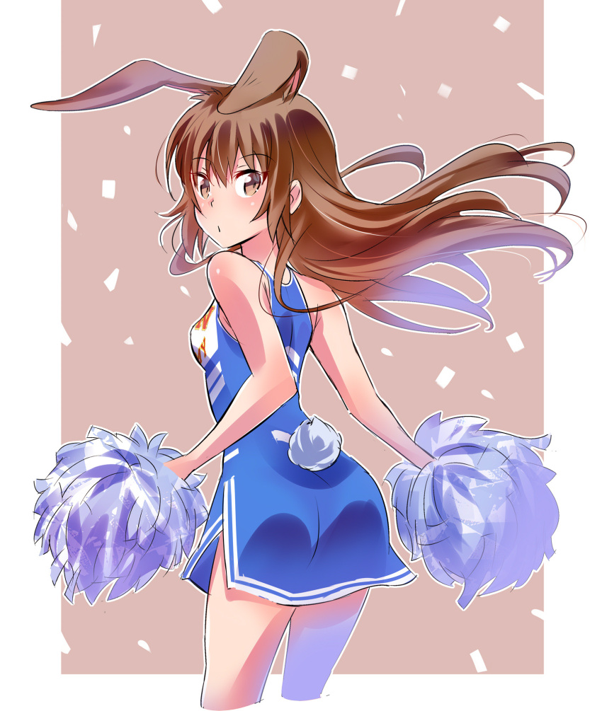 1girl animal_ears ass bangs bare_arms bare_shoulders blue_dress blush breasts brown_background brown_eyes brown_hair bunny_girl bunny_tail cheerleader closed_mouth clothes_writing cropped_legs dress eyebrows_visible_through_hair highres holding iesupa leaning_forward looking_at_viewer pom_poms pouty_lips rabbit_ears rwby side_slit sleeveless sleeveless_dress small_breasts solo tail thighs velvet_scarlatina