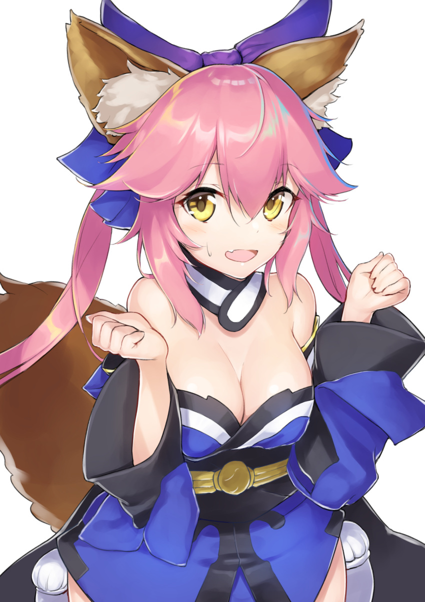 1girl :d animal_ears bangs bare_shoulders blue_kimono blush bow breasts cleavage dabuki detached_collar fang fate_(series) fox_ears fox_tail hair_bow hands_up highres japanese_clothes kimono long_hair long_sleeves looking_at_viewer medium_breasts obi open_mouth ponytail purple_bow sash shiny shiny_hair sidelocks smile solo sweatdrop tail tamamo_(fate)_(all) tamamo_no_mae_(fate) tareme twintails upper_body w_arms wide_sleeves