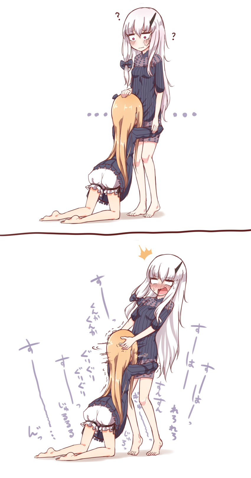 /\/\/\ 2girls 2koma ? abigail_williams_(fate/grand_order) absurdres bangs barefoot black_bow black_dress blonde_hair bloomers blue_eyes blush bow breasts butterfly closed_mouth comic commentary_request dress eyebrows_visible_through_hair fate/grand_order fate_(series) hair_between_eyes hair_bow hand_on_another's_head head_grab highres horn hug insect kneeling lavinia_whateley_(fate/grand_order) long_hair long_sleeves makano_mucchi multiple_girls no_hat no_headwear orange_bow parted_bangs polka_dot polka_dot_bow silver_hair sleeves_past_fingers sleeves_past_wrists small_breasts soles standing sweat tiptoes underwear very_long_hair violet_eyes wavy_mouth white_bloomers