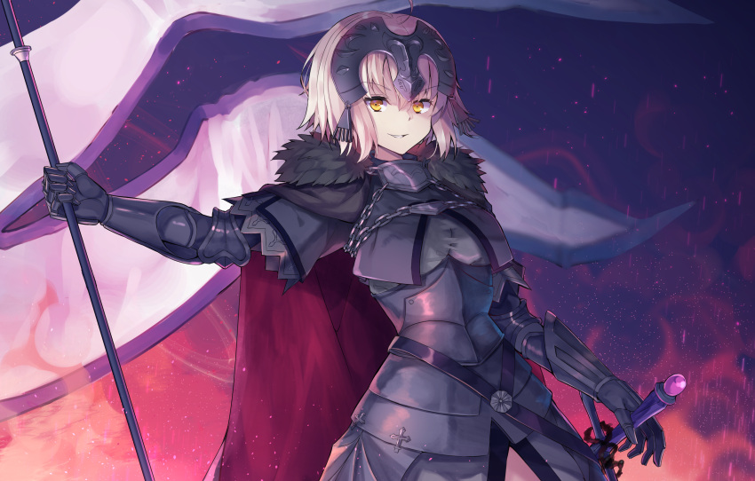 1girl absurdres ahoge armor breasts eyebrows_visible_through_hair fate/grand_order fate_(series) flag highres holding holding_flag hopepe jeanne_d'arc_(alter)_(fate) jeanne_d'arc_(fate)_(all) large_breasts looking_at_viewer parted_lips short_hair smile solo sword weapon white_hair yellow_eyes