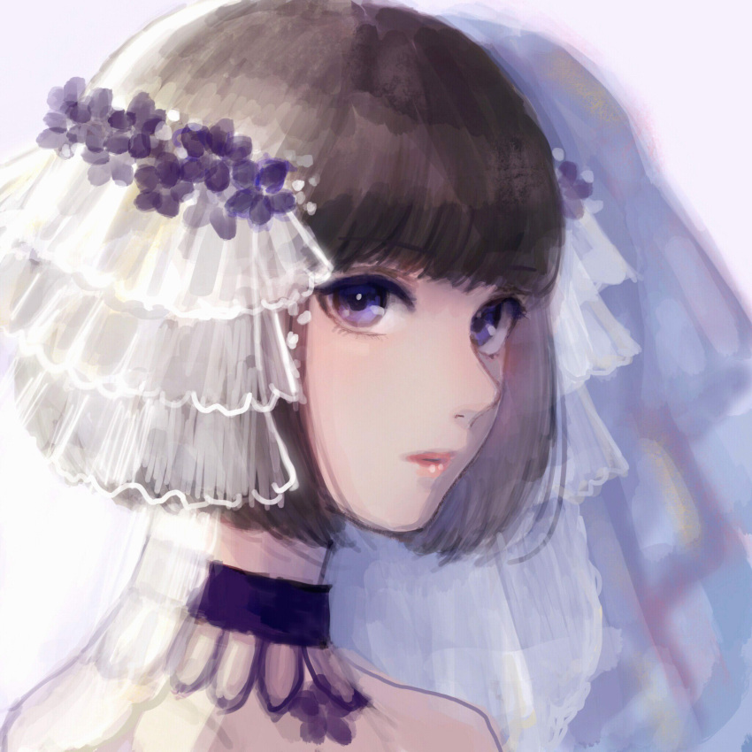 1girl bridal_veil brown_hair choker closed_mouth commentary_request eyebrows_visible_through_hair grey_background highres looking_at_viewer original portrait purple_choker romiy short_hair solo veil violet_eyes