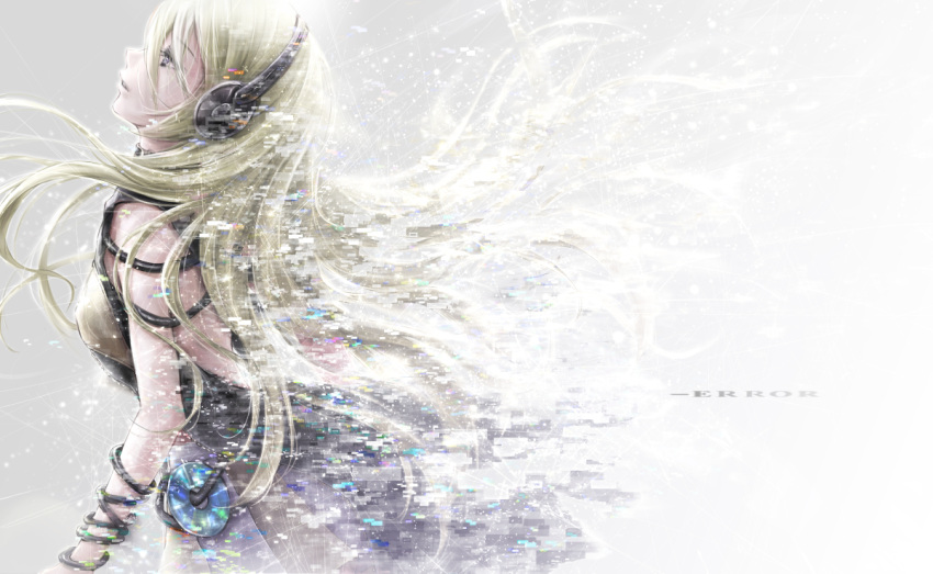 1girl blonde_hair brown_dress cd commentary_request digital_dissolve dress from_side headphones lily_(vocaloid) long_hair nuwanko parted_lips solo vocaloid wristband