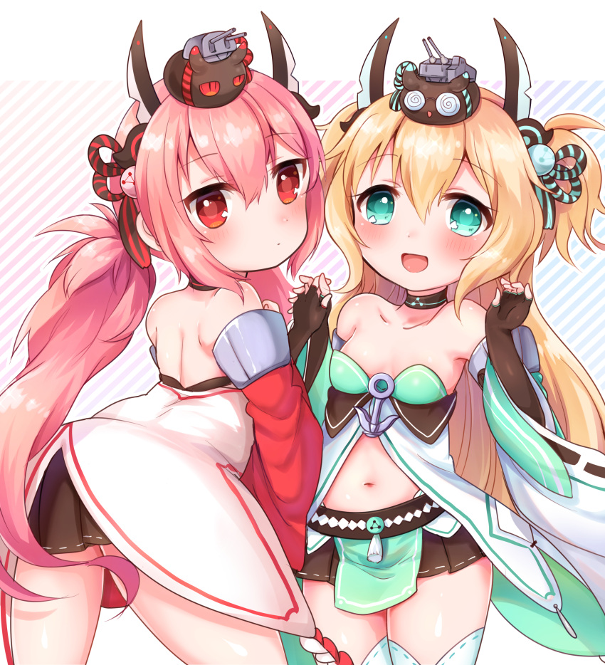 2girls absurdres ass azur_lane bare_shoulders black_gloves blonde_hair blush breasts choker collarbone detached_sleeves eyebrows_visible_through_hair fingerless_gloves gloves green_eyes hair_between_eyes hair_ornament hamakaze_(azur_lane) highres horns long_hair long_sleeves looking_at_viewer miniskirt multiple_girls navel one_side_up open_mouth pink_hair pleated_skirt red_eyes shiny shiny_skin simple_background skirt small_breasts standing tanikaze_(azur_lane) thigh-highs tied_hair twintails umishima_rinta very_long_hair white_background wide_sleeves zettai_ryouiki