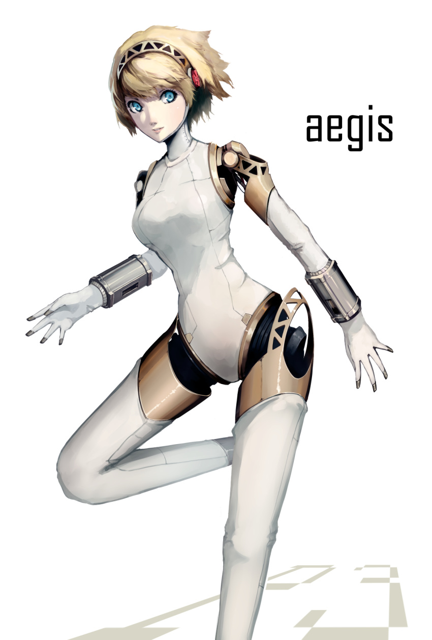 1girl aegis_(persona) blonde_hair blue_eyes character_name closed_mouth commentary_request copyright_name gloves hairband highres light_smile looking_at_viewer mechanical_parts persona persona_3 rean_(r_ean) robot short_hair simple_background solo standing standing_on_one_leg white_background white_gloves