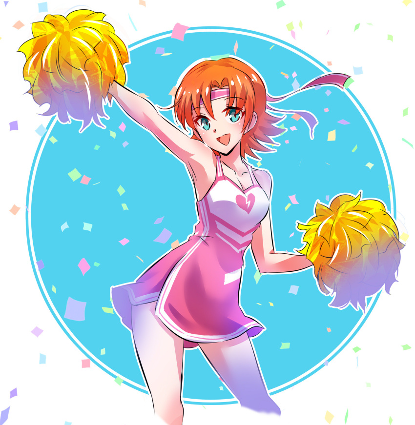 1girl :d arm_up armpits bare_arms bare_shoulders blue_eyes blush breasts broken_heart broken_heart_print cheerleader cleavage confetti contrapposto cropped_legs dress eyebrows_visible_through_hair headband heart heart_print highres holding iesupa legs_apart looking_at_viewer nora_valkyrie open_mouth orange_hair outstretched_arm pink_dress pom_pom_(clothes) pom_poms rwby shiny shiny_hair short_hair side_slit sleeveless sleeveless_dress smile solo standing tareme thighs