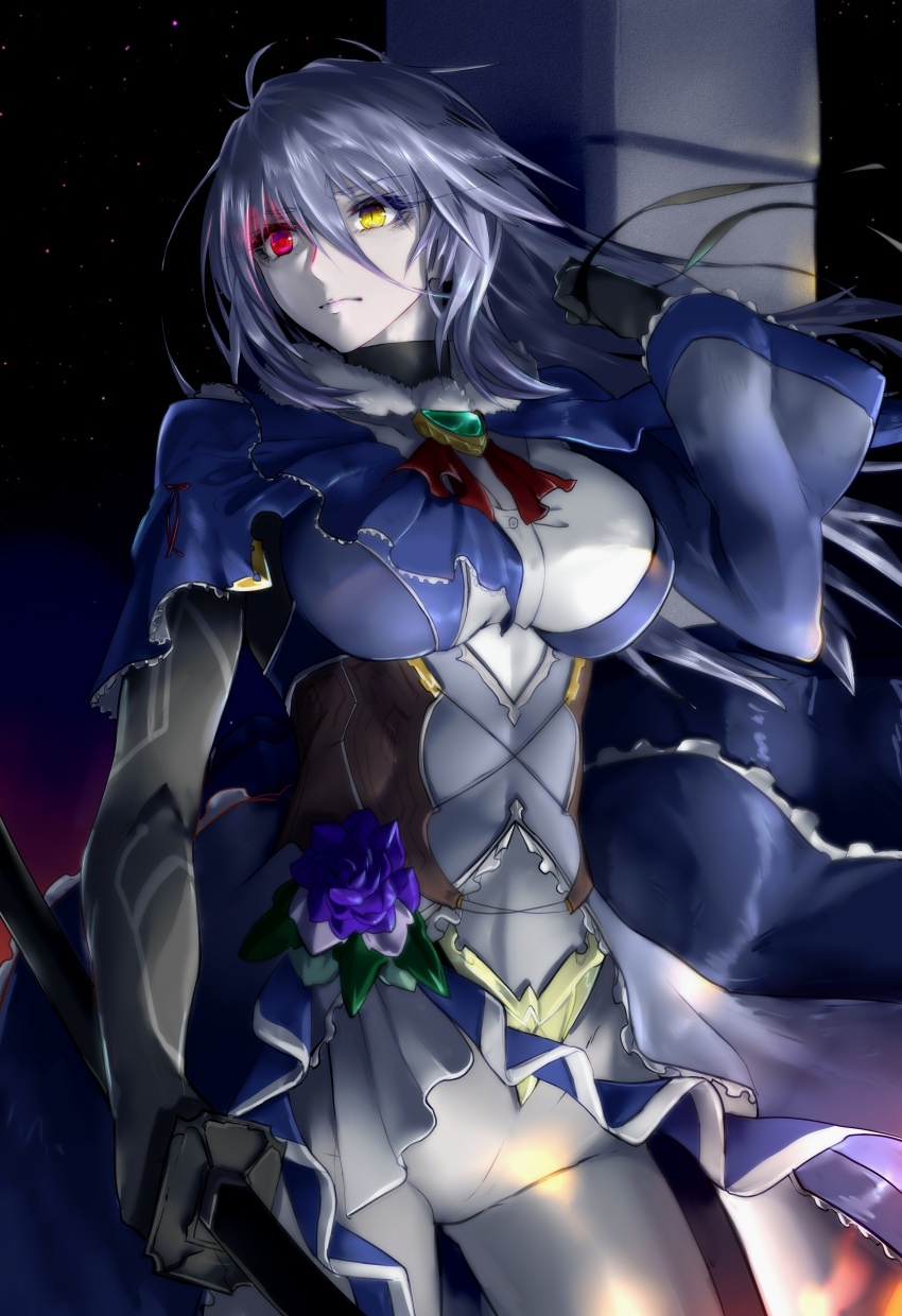 1girl absurdres black_gloves breasts closed_mouth commentary contrapposto cowboy_shot eyebrows_visible_through_hair gem gloves glowing glowing_eyes gluteal_fold grey_hair hair_between_eyes hand_up heterochromia highres holding holding_weapon large_breasts legs_apart minarai_tenna neck_ribbon night night_sky original outdoors pale_skin pants pillar purple_lips red_eyes revision ribbon serious sky slit_pupils solo standing star_(sky) starry_sky weapon white_pants yellow_eyes