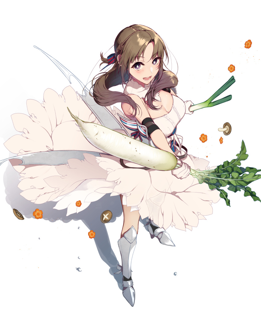 1girl :d armored_boots bare_shoulders boots braid breasts brown_hair commentary_request daikon elbow_pads full_body hair_ribbon highres long_hair looking_at_viewer mushroom oosuki_mamako open_mouth pochi_(pochi-goya) ribbon simple_background smile solo spring_onion tsuujou_kougeki_ga_zentai_kougeki_de_ni-kai_kougeki_no_okaasan_wa_suki_desu_ka? violet_eyes white_background