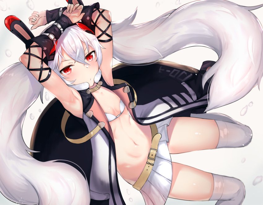 1girl action animal_ears arm_strap armpits arms_up azur_lane bangs bare_shoulders belt bent_knees blush bra breasts buckle cleavage clothes_writing collarbone eyebrows_visible_through_hair floating floating_hair fur-trimmed_jacket fur_trim hair_between_eyes hair_ornament hairband headgear jacket laffey_(azur_lane) long_hair long_sleeves looking_at_viewer mathew_(srmmk_mce) miniskirt navel off_shoulder open_mouth outside_border pleated_skirt pout rabbit_ears red_eyes red_hairband remodel_(azur_lane) shiny shiny_skin silver_hair simple_background skindentation skirt small_breasts solo stomach thigh-highs thighs twintails underwear very_long_hair weapon white_bra white_legwear wind wind_lift