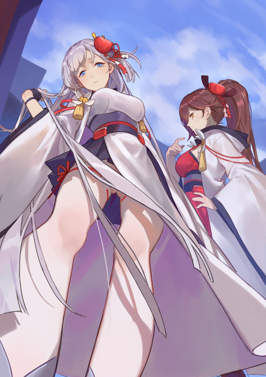 2girls aiguillette azur_lane bangs black_gloves blue_eyes blue_sky blush breasts brown_hair butt_crack cleavage closed_mouth dress expressionless eyebrows_visible_through_hair from_below gloves gluteal_fold hair_ornament half-closed_eyes hand_in_hair hand_on_hip hand_up highres hood hood_down japanese_clothes kimono large_breasts long_hair looking_at_viewer mole mole_under_eye multiple_girls partly_fingerless_gloves ponytail red_cucumber ribbon shoukaku_(azur_lane) silver_hair sky smile tassel thigh-highs very_long_hair wide_sleeves zuikaku_(azur_lane)