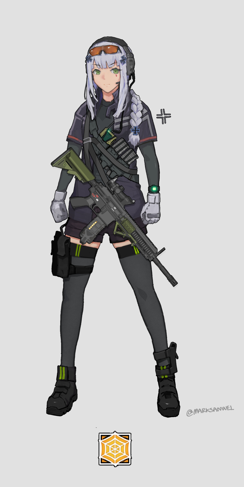 1girl absurdres alternate_costume ammunition_pouch ankle_strap artist_request assault_rifle bangs beret black_legwear blunt_bangs blush boots braid breasts bullpup closed_mouth eyebrows_visible_through_hair girls_frontline gloves goggles goggles_on_head green_eyes grey_background grey_legwear gun hair_ornament hair_over_shoulder hat headset heckler_&amp;_koch highres hk416 hk416_(girls_frontline) jacket long_hair looking_at_viewer magazine_(weapon) medium_breasts orange_eyewear pouch purple_jacket rainbow_six_siege rifle scope short_shorts shorts sidelocks silver_hair simple_background single_braid skindentation solo tactical_clothes thigh-highs thigh_strap thighs very_long_hair walkie-talkie watch weapon