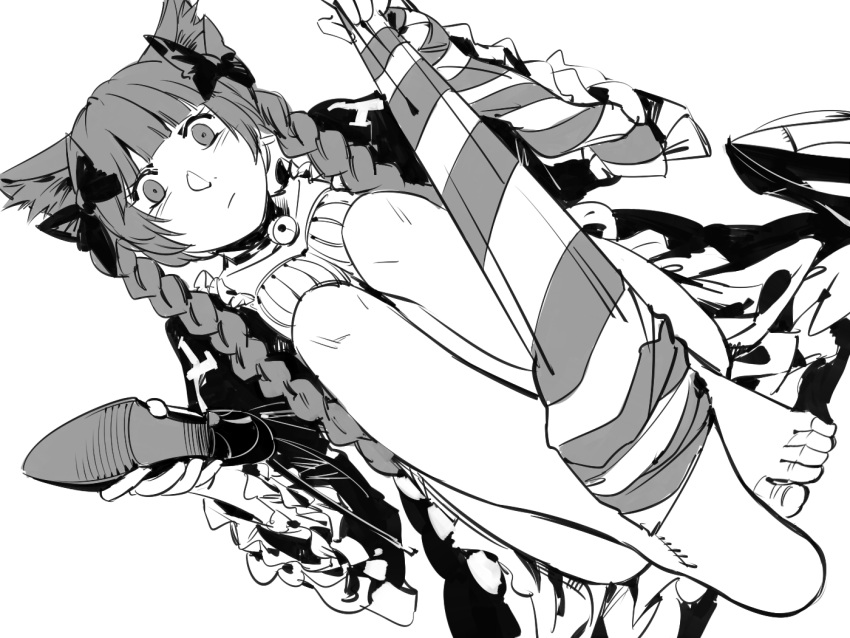 1girl animal_ears barefoot bell bell_choker blush bow braid cat_ears choker closed_mouth dutch_angle feet full_body greyscale hair_bow holding holding_shoes jingle_bell kaenbyou_rin looking_at_viewer monochrome ruukii_drift shoes shoes_removed short_hair_with_long_locks simple_background sitting solo striped striped_legwear touhou twin_braids undressing white_background