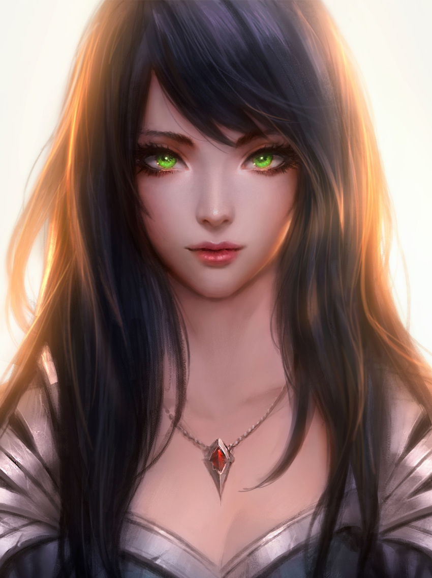 1girl bangs breasts character_request cleavage collarbone commentary commission copyright_request green_eyes highres looking_at_viewer nguyen_uy_vu parted_lips simple_background solo swept_bangs