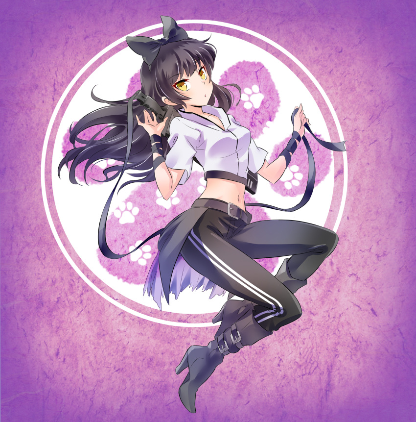 1girl :o bandage bandaged_arm belt belt_buckle black_belt black_bow black_footwear black_hair black_legwear black_pants blake_belladonna blush boots bow breasts buckle eyebrows_visible_through_hair full_body hair_bow head_tilt high_heel_boots high_heels highres iesupa knee_boots long_hair looking_at_viewer medium_breasts midriff navel open_mouth pants paw_background paw_print ribbon rwby sheath sheathed short_sleeves solo stomach sword tsurime waist_cape weapon weapon_on_back yellow_eyes