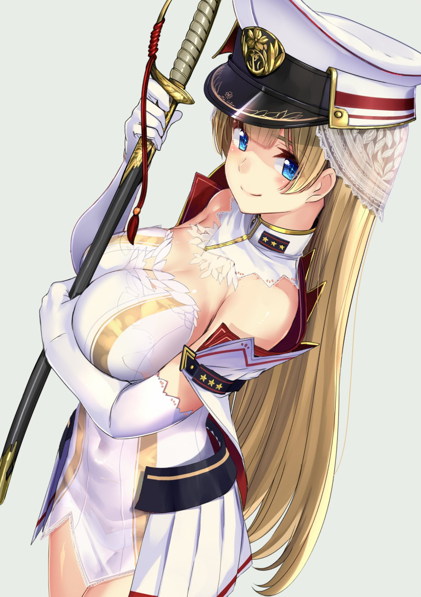 1girl akasaai bare_shoulders blonde_hair blue_eyes blush breasts character_request cleavage copyright_request detached_collar elbow_gloves gloves hat highres holding large_breasts long_hair looking_at_viewer peaked_cap sheath sheathed simple_background smile solo sword veil weapon white_gloves