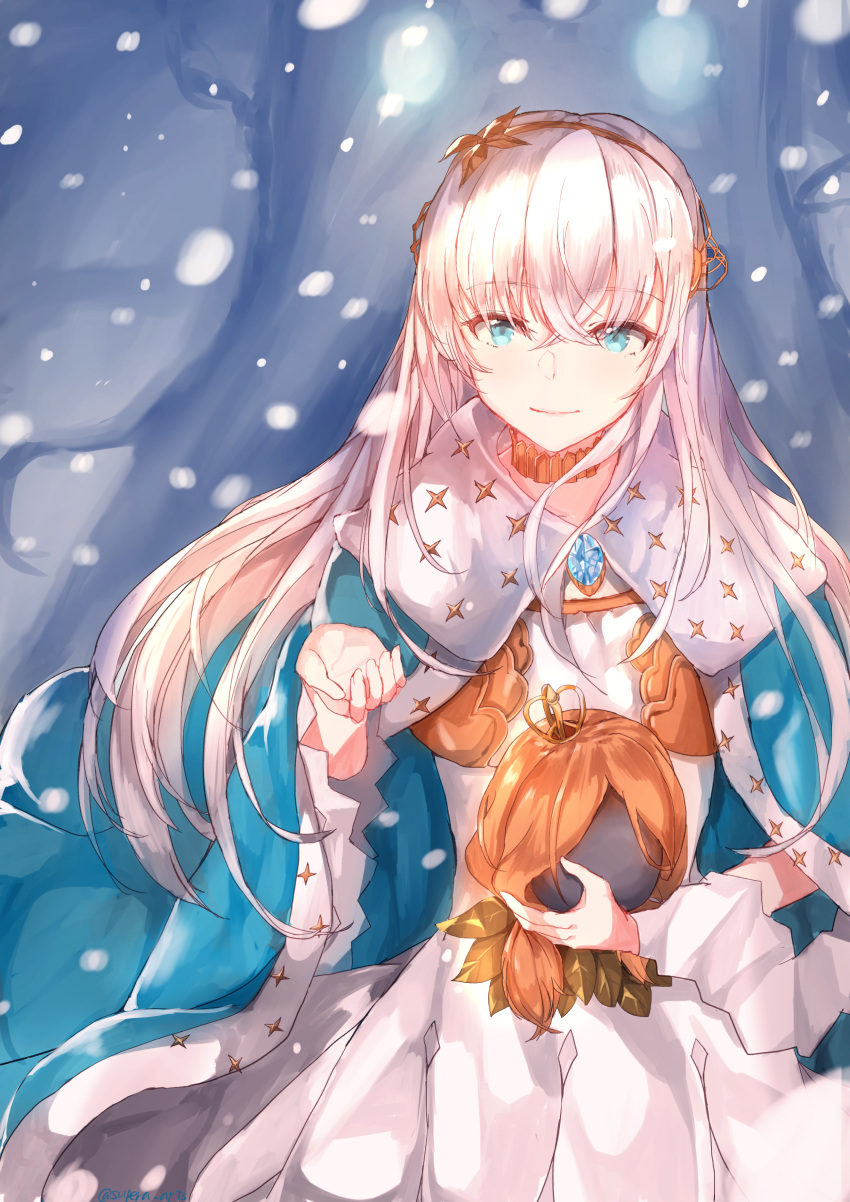 1girl absurdres anastasia_(fate/grand_order) bangs blue_eyes cape crossed_bangs crown doll dress eyebrows_visible_through_hair eyes_visible_through_hair fate/grand_order fate_(series) gem hair_between_eyes hairband highres holding holding_doll jewelry long_hair looking_at_viewer mini_crown necklace royal_robe silver_hair smile snow snowing solo standing supera very_long_hair white_dress white_hair winter