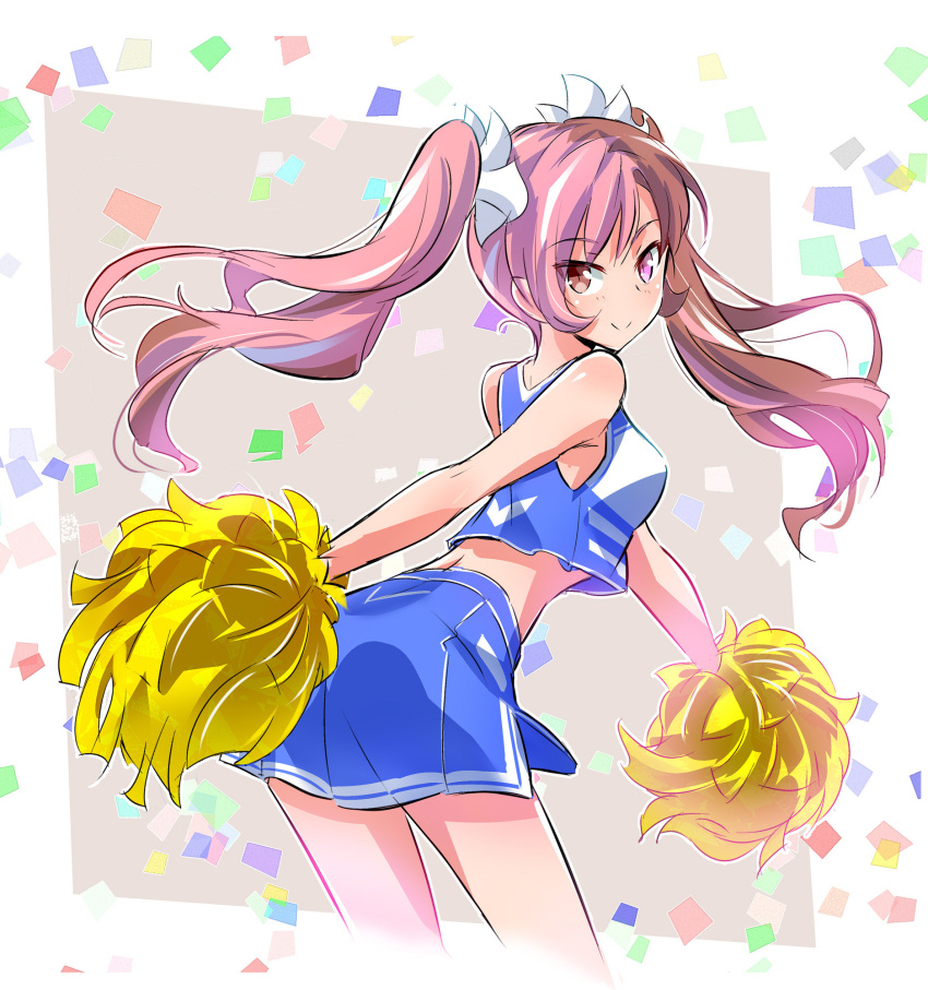 1girl :&gt; bare_arms bare_shoulders blue_skirt blush breasts brown_eyes brown_hair cheerleader closed_mouth crop_top cropped_legs from_behind heterochromia highres holding iesupa leaning_forward long_hair looking_at_viewer looking_back miniskirt multicolored_hair neo_(rwby) pink_eyes pink_hair pom_poms rwby side_slit skirt sleeveless small_breasts smile solo thighs tsurime twintails two-tone_background two-tone_hair