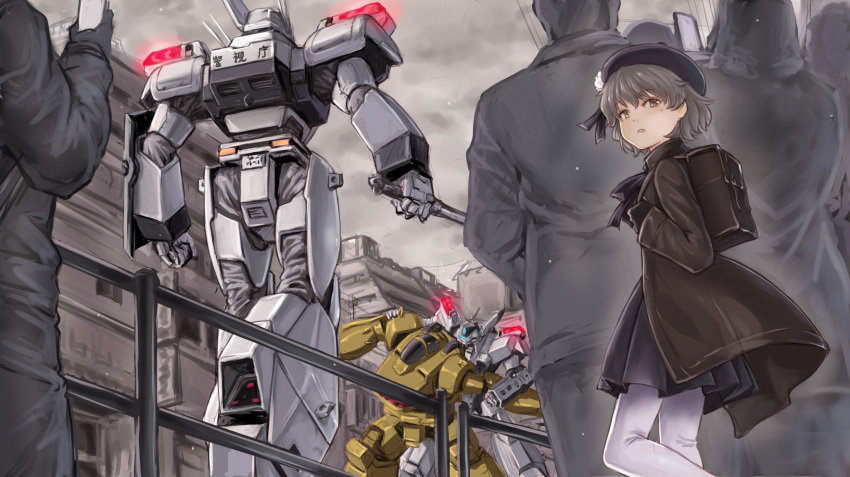 1girl backpack bag black_hat black_skirt blush brown_hair eyebrows_visible_through_hair hat hatoba_tsugu hatoba_tsugu_(character) highres kosai_takayuki looking_away mecha outdoors pantyhose parted_lips randoseru short_hair skirt solo virtual_youtuber white_legwear