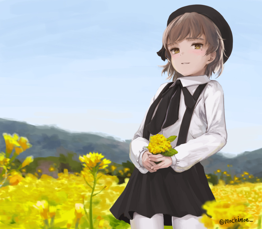 1girl beret black_hat black_ribbon black_skirt blue_sky blush brown_eyes brown_hair collared_shirt commentary_request day field fingernails flower flower_field goldowl hat hatoba_tsugu hatoba_tsugu_(character) highres holding holding_flower long_sleeves looking_at_viewer mole mole_under_eye outdoors pantyhose parted_lips ribbon shirt skirt sky smile solo suspender_skirt suspenders twitter_username virtual_youtuber white_legwear white_shirt yellow_flower