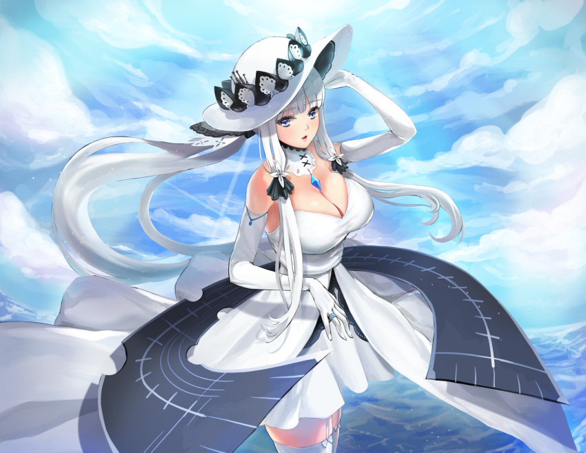 1girl adjusting_clothes adjusting_hat azur_lane bare_shoulders breasts choker cleavage dress elbow_gloves garter_straps gloves hair_tubes hat highres illustrious_(azur_lane) jewelry kyo_(user_jpfr5738) large_breasts long_hair looking_at_viewer off-shoulder_dress off_shoulder parted_lips ring smile solo sun_hat thigh-highs tri_tails wedding_band white_dress white_gloves white_legwear zettai_ryouiki