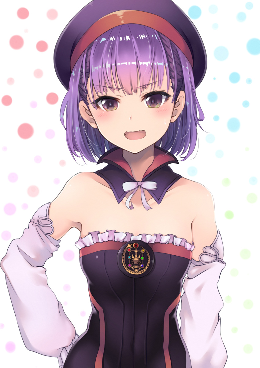 1girl absurdres bangs bare_shoulders blush breasts collarbone detached_collar detached_sleeves dress dyson_(edaokunnsaikouya) eyebrows_visible_through_hair fang fate/grand_order fate_(series) frilled_dress frilled_sleeves frills hand_on_hip hat helena_blavatsky_(fate/grand_order) highres looking_at_viewer open_mouth purple_hair purple_hat short_hair simple_background small_breasts solo strapless strapless_dress tree_of_life violet_eyes