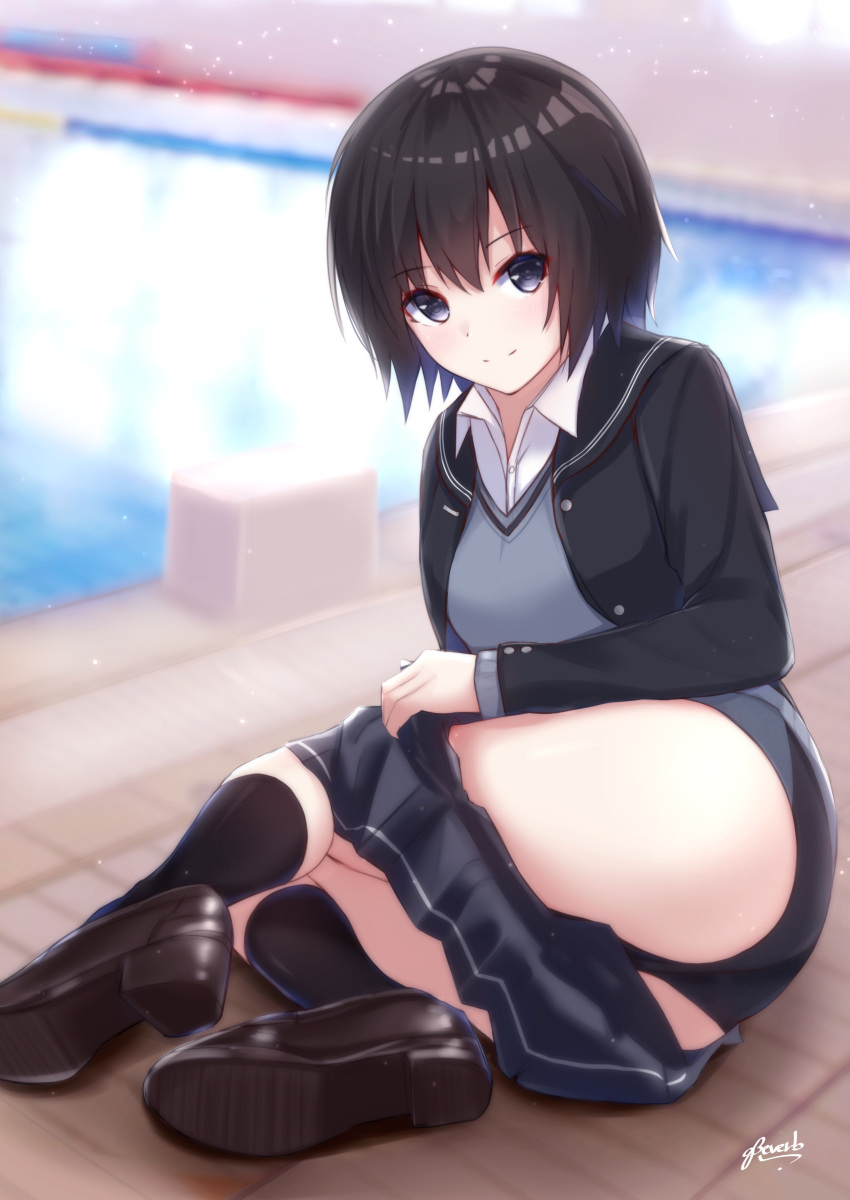 1girl absurdres amagami arm_support ass bangs bee_doushi black_eyes black_hair black_jacket blurry blush bob_cut breasts competition_swimsuit depth_of_field eyebrows_visible_through_hair grey_skirt highres jacket kibito_high_school_uniform looking_at_viewer lying medium_breasts nanasaki_ai on_side one-piece_swimsuit poolside school_uniform short_hair simple_background sitting skirt smile solo sweater_vest swimsuit swimsuit_under_clothes yokozuwari