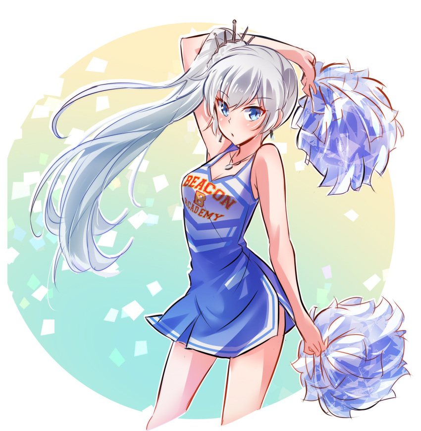 1girl :o arm_at_side arm_up bangs bare_shoulders blue_dress blue_eyes blush breasts cheerleader cleavage clothes_writing confetti contrapposto cropped_legs dress eyebrows_visible_through_hair gradient gradient_background highres holding iesupa jewelry long_hair looking_at_viewer necklace parted_lips pendant rwby side_ponytail side_slit silver_hair small_breasts solo standing thighs tsiruot tsurime very_long_hair weiss_schnee