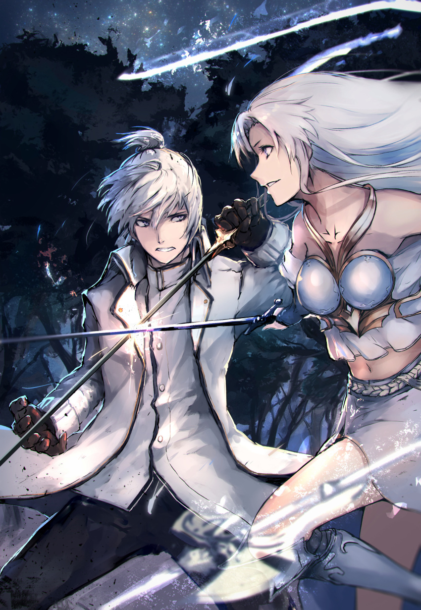 1boy 1girl absurdres bare_shoulders black_pants boots breasts brown_gloves coat copyright_request eye_contact fighting forest gloves grey_eyes grey_skirt highres holding holding_sword holding_weapon jacket long_hair long_sleeves looking_at_another medium_breasts nature navel night outdoors pants parted_lips skirt smile sword tree weapon white_coat white_hair white_jacket