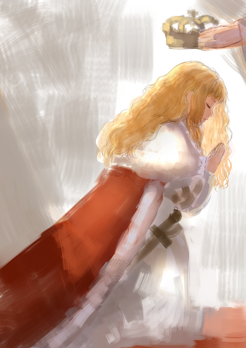 1girl blonde_hair cape closed_eyes crown curly_hair from_side fur_trim highres kneeling long_hair original out_of_frame palms_together praying profile red_cape romiy sketch solo_focus sword weapon