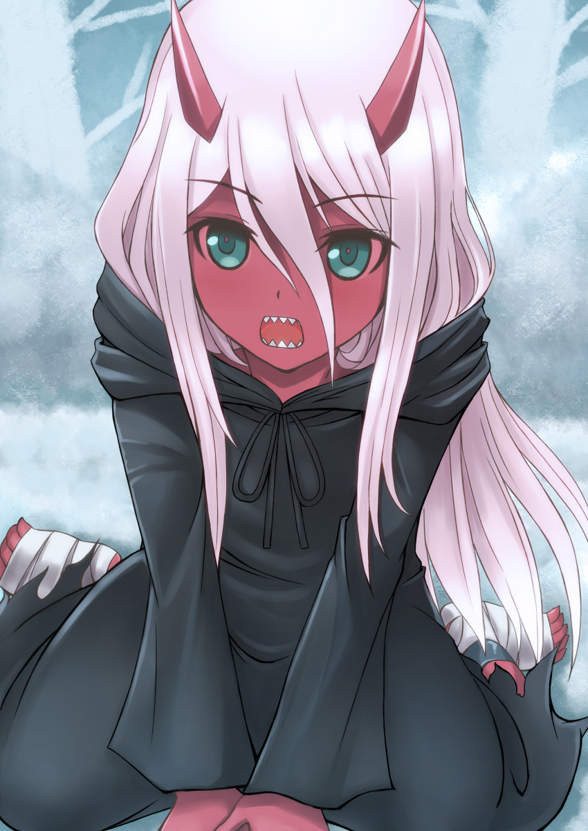absurdres bandage bandaged_leg darling_in_the_franxx demon_girl eyebrows_visible_through_hair hair_between_eyes highres horns long_hair open_mouth pink_hair red_skin sawwei005 sharp_teeth sitting spoilers straight_hair teeth very_long_hair wariza younger zero_two_(darling_in_the_franxx)