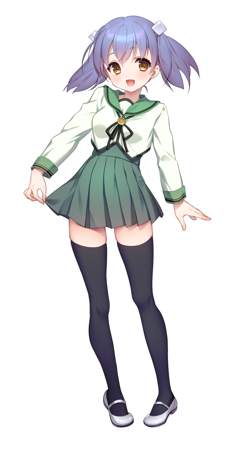 1girl :d bangs black_legwear black_ribbon blush breasts brown_eyes commentary_request eyebrows_visible_through_hair full_body green_sailor_collar green_skirt grey_footwear hair_between_eyes hair_cubes hair_ornament highres long_hair long_sleeves looking_at_viewer medium_breasts neck_ribbon open_mouth original pleated_skirt ribbon sailor_collar school_uniform serafuku shiny shiny_footwear shirt shoes simple_background skindentation skirt smile solo standing thigh-highs tsuyuta_kome twintails violet_eyes white_background white_shirt