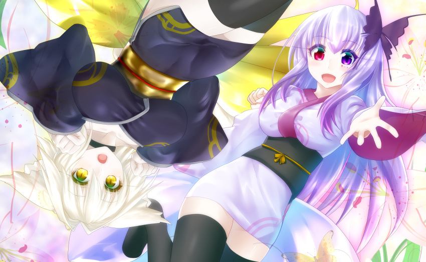 2girls :d :o animal_ears bangs black_legwear blue_kimono blush breasts butterfly_hair_ornament choker commentary_request eyebrows_visible_through_hair eyelashes feet_out_of_frame hair_between_eyes hair_intakes hair_ornament hands_up heterochromia highres japanese_clothes kimono knees_together_feet_apart large_breasts long_hair long_sleeves looking_at_viewer minarai_tenna multiple_girls obi open_mouth original outstretched_arm paw_pose purple_hair purple_kimono reaching_out red_eyes redhead sash short_kimono skindentation slit_pupils smile standing standing_on_one_leg thigh-highs violet_eyes white_hair white_skin wide_sleeves yellow_eyes